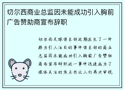 切尔西商业总监因未能成功引入胸前广告赞助商宣布辞职