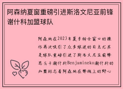 阿森纳夏窗重磅引进斯洛文尼亚前锋谢什科加盟球队 阿森纳夏窗重磅引进斯洛文尼亚前锋谢什科加盟球队