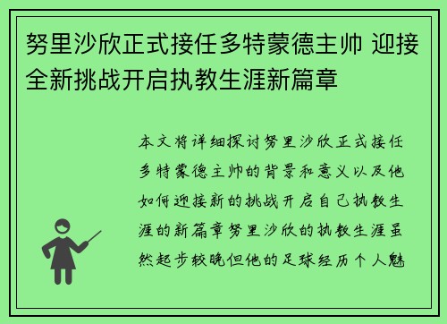 努里沙欣正式接任多特蒙德主帅 迎接全新挑战开启执教生涯新篇章 努里沙欣正式接任多特蒙德主帅 迎接全新挑战开启执教生涯新篇章